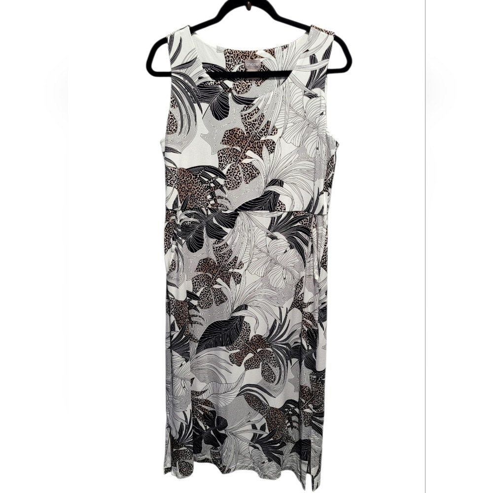 Chico’s Palm Print Stretch Maxi Dress Black Tan Sleeveless Size 8/10 - Picture 3 of 8